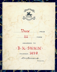 Award Bookplate Barry Swain, 1939.